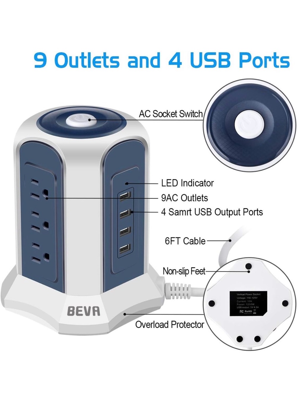 BEVA Tower Power Hub with 9 USB Ports